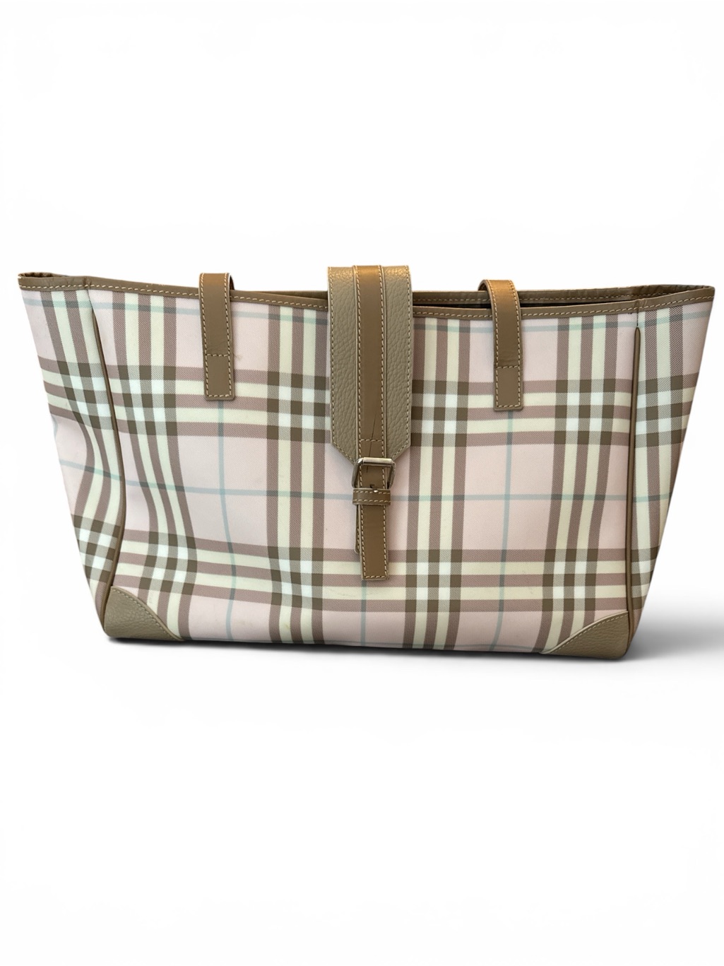 Burberry London Pink Nova Check Tote Made In Italy Leather Trim Shoulder Bag
